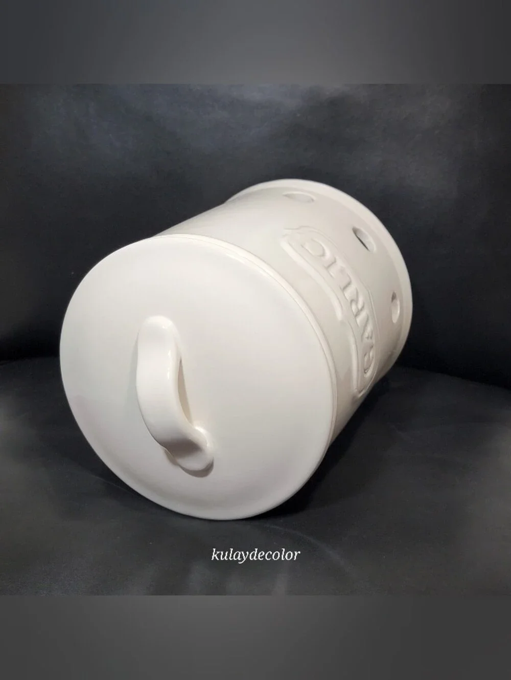 Vintage White Ceramic Garlic Keeper Canister Jar with Lid Embossed GARLIC 7